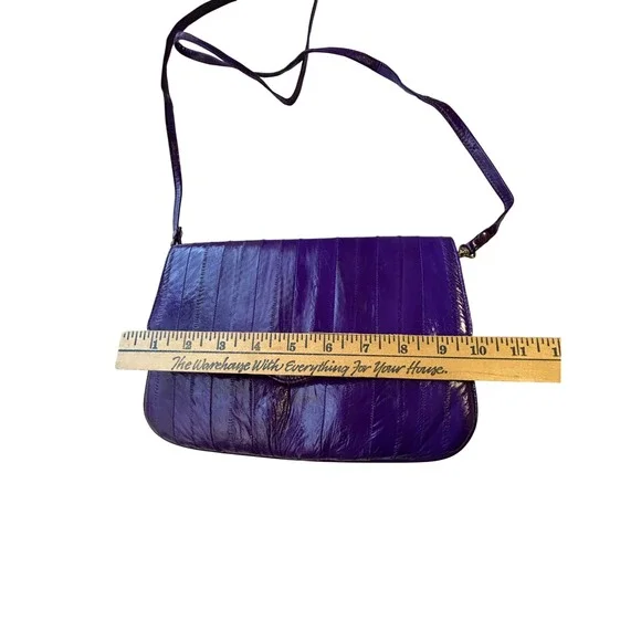 Vintage Purple Genuine Eel Skin Clutch Crossbody Bag Scalloped Flap - Picture 8 of 10